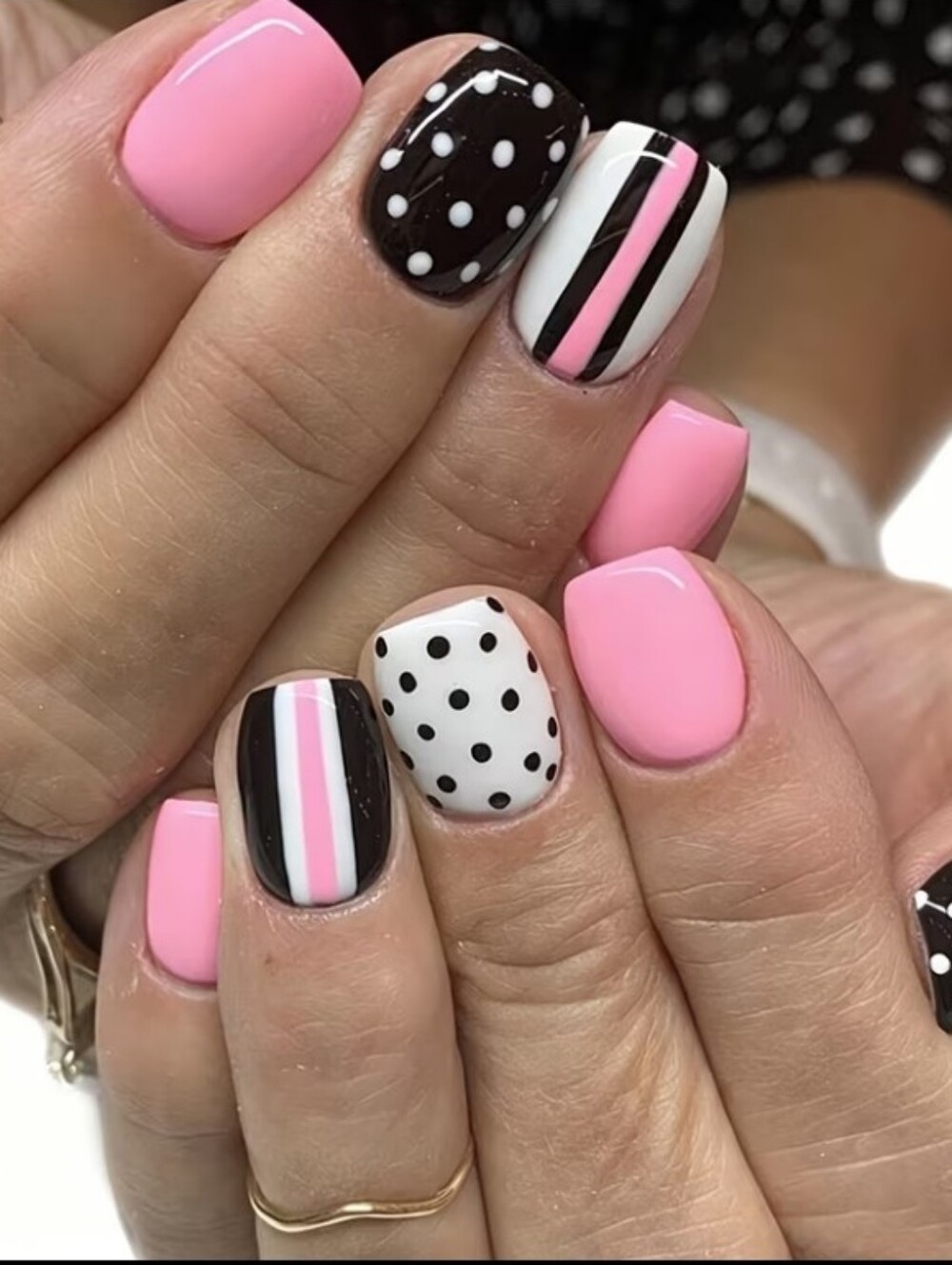 Pink and Black Polka Dot & Stripe Press-On Nails